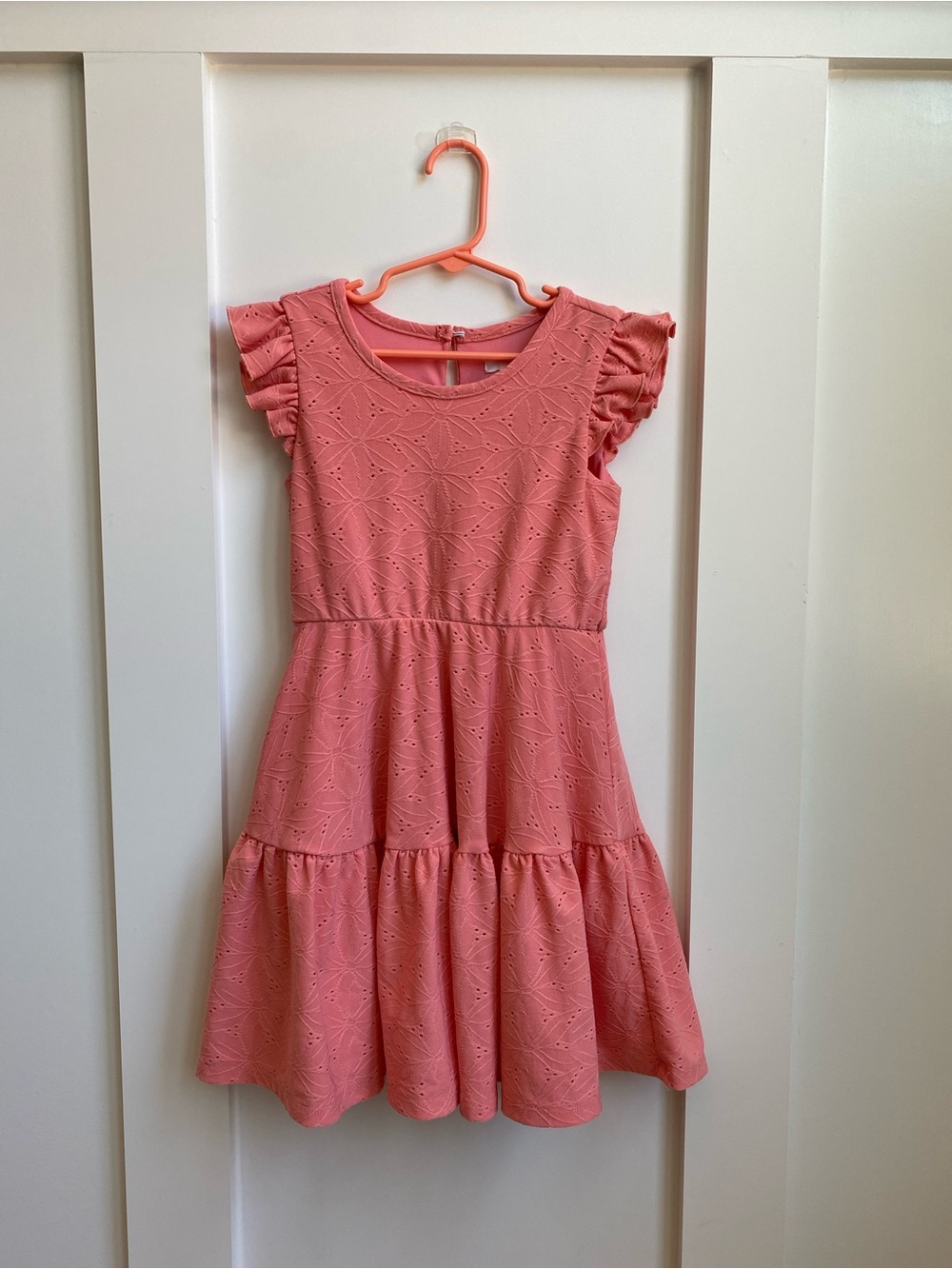 Tahari Girls Pink Eyelet Tiered Dress with Ruffle Sleeves